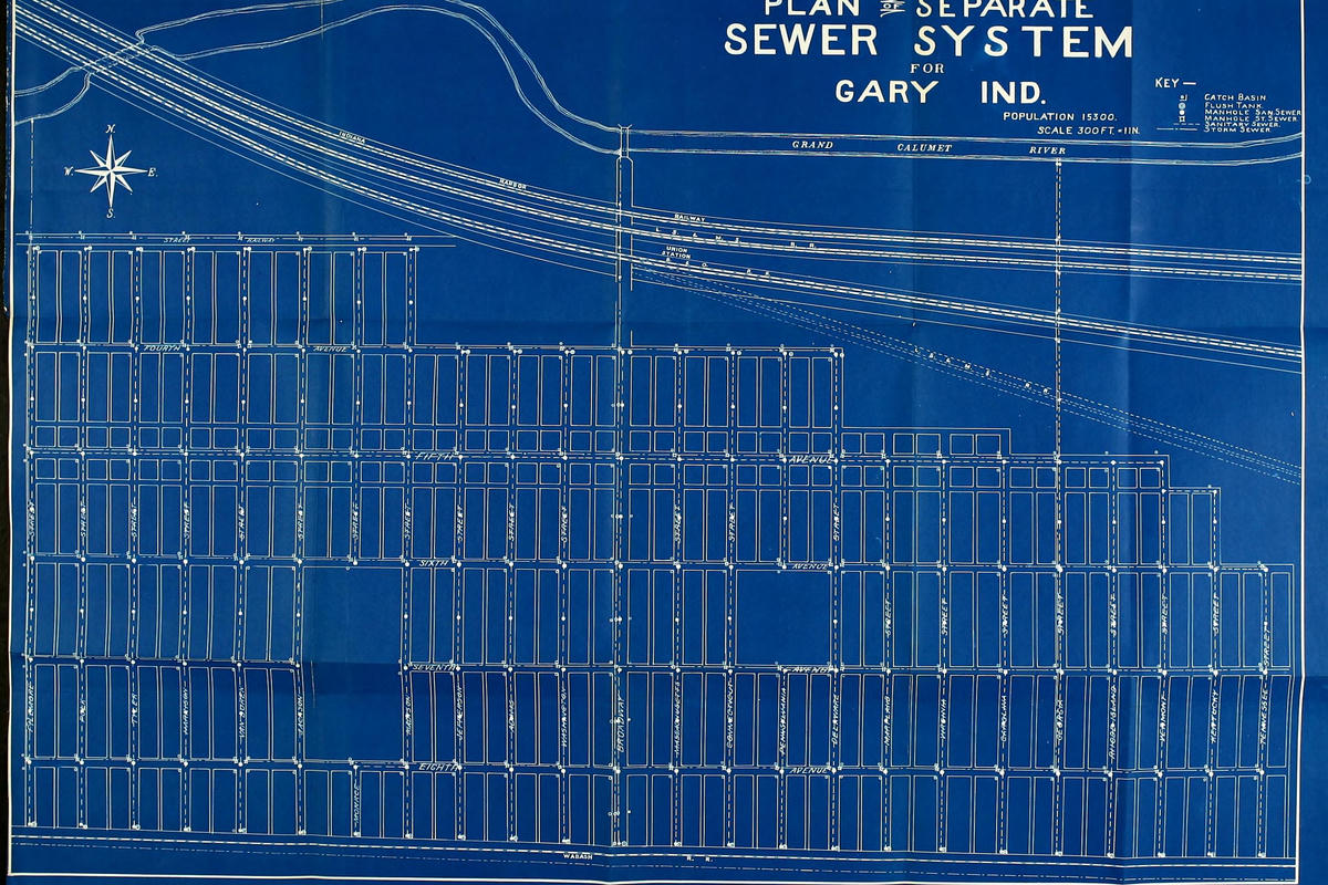 Blueprint of the sewage system of Gary, Indiana. Blueprint of the sewage system of Gary, Indiana.