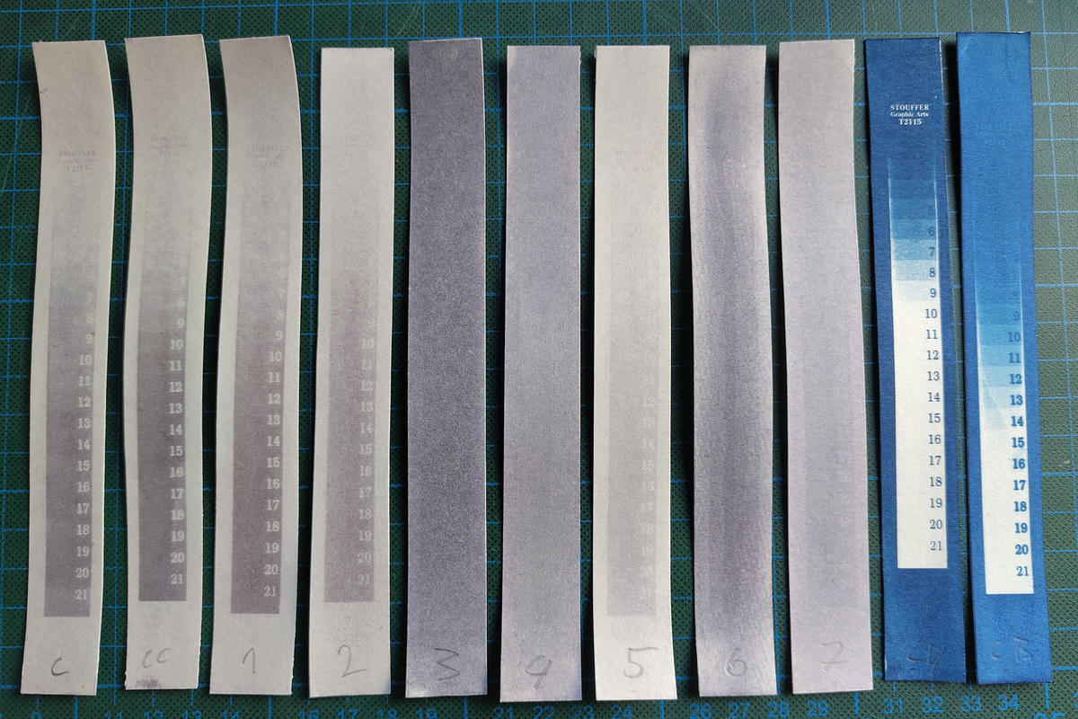 Some of the many variations I have tested, compared to cyanotype