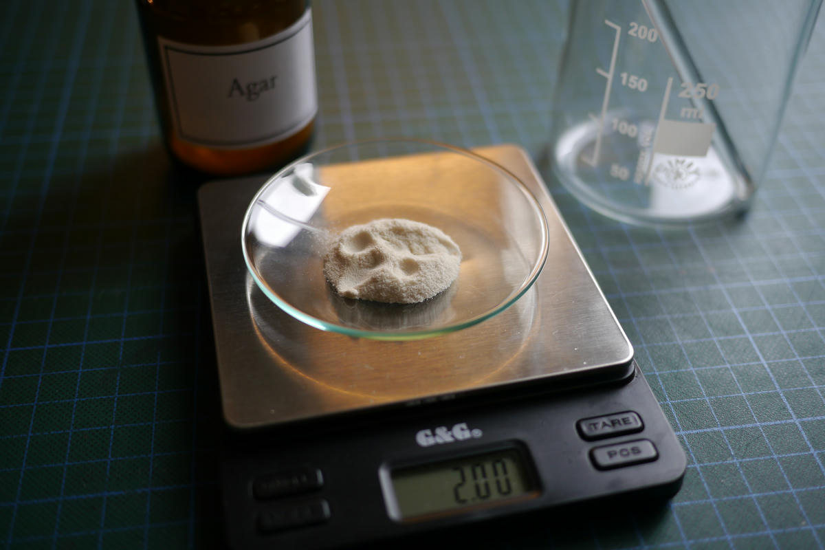 Measuring out the agar powder, 2g for 100ml of water